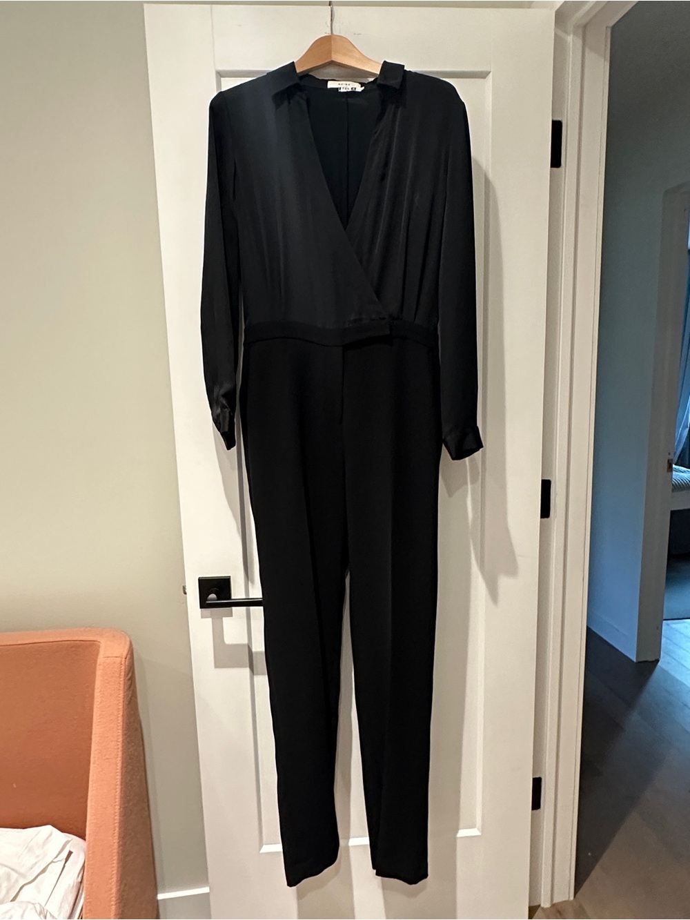 Reiss Black Long-Sleeve V-Neck Wrap Jumpsuit